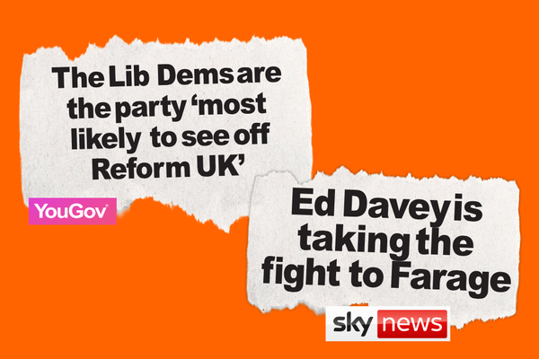 Yougov "The Lib Dems are the party most likely to see off Reform UK". Sky News "Ed Davey is taking the fight to Farage".